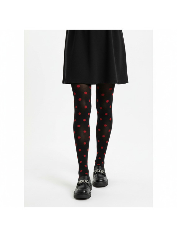 Rajstopy bawełniane czarne w czerwone groszki tullinogi