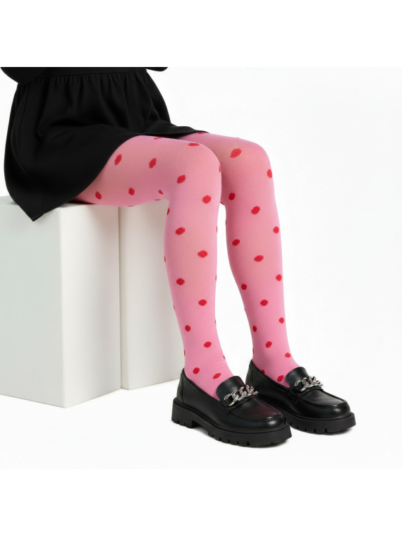 Rajstopy bawełniane różowe w czerwone groszki tullinogi