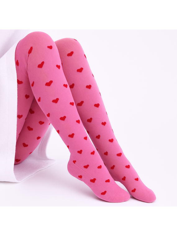 Rajstopy bawełniane różowe w czerwone serduszka tullinogi