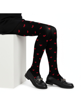 Rajstopy bawełniane czarne w czerwone serduszka tullinogi