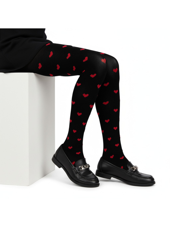 Rajstopy bawełniane czarne w czerwone serduszka tullinogi