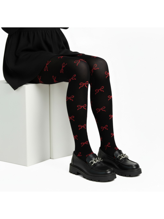 Rajstopy bawełniane czarne w czerwone kokardki tullinogi