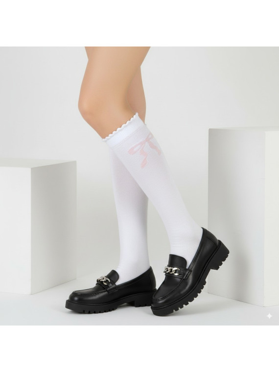 Podkolanówki bawełniane białe z różową kokardką tullinogi